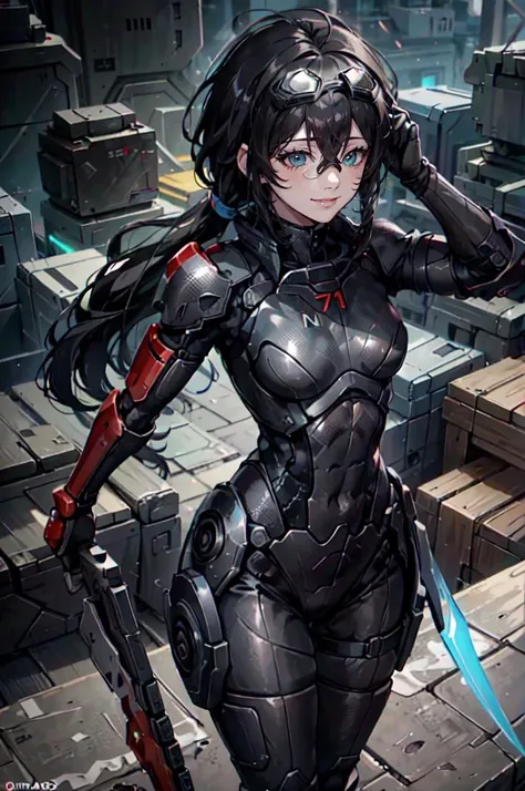<lora:n7armor:0.5> n7armor, omniblade, commandershepard, (goggles on head:1.3),, ultra detailed, masterpiece, best quality, aesthetic, detailed,, solo, smile, 1girl, aqua eyes, black hair, <lora:low_ponytail-1.0:0.8> low ponytail, ahoge, absurdly long hair, very long hair, hair flaps, hair between eyes, bangs, messy hair, small breasts, goggles on head,