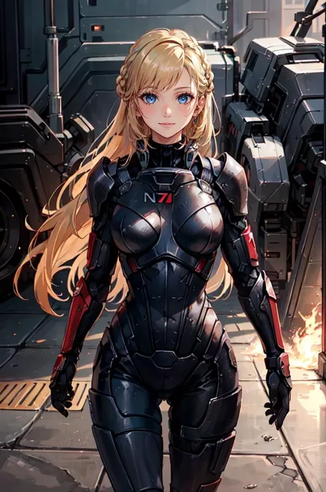 <lora:n7armor:0.5> n7armor, omniblade, commandershepard,, ultra detailed, masterpiece, best quality, aesthetic, detailed,, solo, soft smile, light smile,
1girl, blue eyes, very long hair, blonde hair, long blonde hair, french braid, bangs, medium breasts,