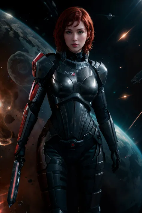 full body shot of a woman with short red curly hair wearing n7armor in space, cute face, beautiful model body, realistic skin, dramatic lighting, ultra realistic, carbon fiber armor, armor shine, wallpaper, intricate, sharp focus, ray tracing, rtx, professionally color graded, professional photography, masterpiece, ultra detailed, high quality, best quality, 4k, 8k, raw <lora:n7armor:0.3> <lora:more_details:0.15> <lora:epi_noiseoffset2:0.25>