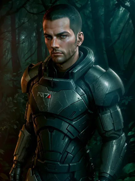 commandershepard wearing n7armor in a dark forest, wallpaper, intricate, sharp focus, ray tracing, rtx, professionally color graded, professional photography, masterpiece, ultra detailed, high quality, best quality, 4k, 8k, raw <lora:n7armor:0.35>