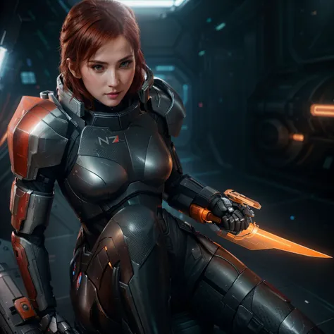 full body shot of a woman wearing n7armor with omniblade (bright omniblade), sitting in a space station, cute face, beautiful model body, realistic skin, dramatic lighting, ultra realistic, carbon fiber armor, armor shine, wallpaper, intricate, sharp focus, ray tracing, rtx, professionally color graded, professional photography, masterpiece, ultra detailed, high quality, best quality, 4k, 8k, raw <lora:n7armor:0.3> <lora:more_details:0.15> <lora:epi_noiseoffset2:0.25>