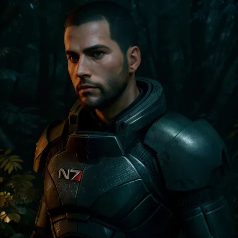 commandershepard with subtle beard wearing n7armor in a forest, dramatic lighting, carbon fiber armor, realistic, realistic skin details, wallpaper, intricate, sharp focus, ray tracing, rtx, professionally color graded, professional photography, masterpiece, ultra detailed, high quality, best quality, 4k, 8k, raw <lora:n7armor:0.65> <lora:more_details:0.15> <lora:epi_noiseoffset2:0.35>