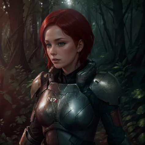 a woman with short red hair wearing n7armor in a forest, dramatic lighting, cute face, wallpaper, intricate, sharp focus, ray tracing, rtx, professionally color graded, professional photography, masterpiece, ultra detailed, high quality, best quality, 4k, 8k, raw <lora:n7armor:0.25>