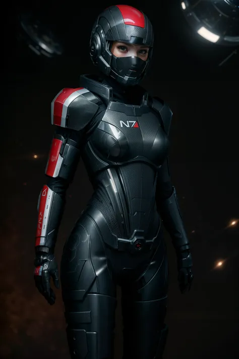 full body shot of a woman wearing n7armor with helmet in space, cute face, beautiful model body, realistic skin, dramatic lighting, ultra realistic, carbon fiber armor, armor shine, wallpaper, intricate, sharp focus, ray tracing, rtx, professionally color graded, professional photography, masterpiece, ultra detailed, high quality, best quality, 4k, 8k, raw <lora:n7armor:0.3> <lora:more_details:0.15> <lora:epi_noiseoffset2:0.25>