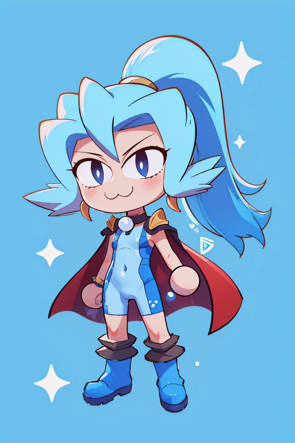 (masterpiece, best quality:1.2), chibi, solo, 1girl, necoarc, pkmnClair, :3, ponytail, slit pupils, earrings, choker, cape, blue bodysuit, blue gloves, bracelet, blue boots <lora:necoarc:1> <lora:pkmnclair-nvwls-v1:1>