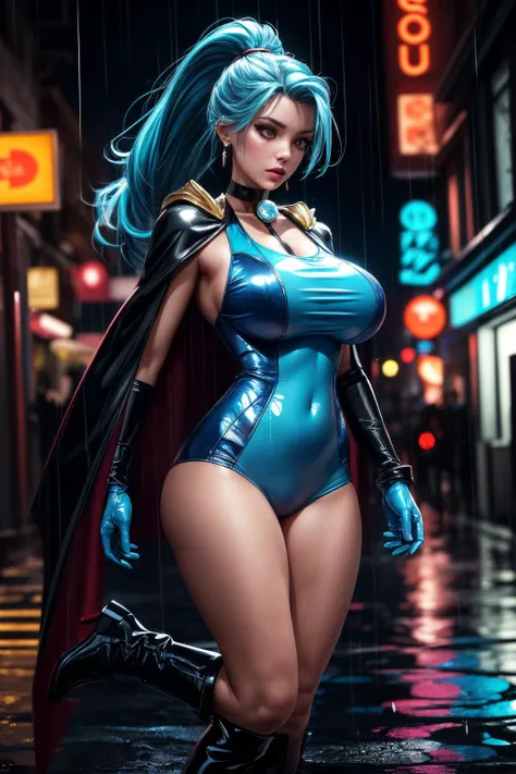 (ultra realistic,32k,RAW photo:1.1),(high detailed skin:1.1), 8k uhd, dslr, high quality, film grain, (makeup, mascara:1.1), lips,(thick\lips\),
(shiny glossy translucent clothing:1.1), <lora:pkmnclair-nvwls-v1:0.8>pkmnClair, ponytail, earrings, choker, red cape, blue bodysuit, blue gloves, bracelet, blue boots, <lora:add_detail:0.91>, huge breast, (upper body:1.1),
Jumping,
(busty:1.1) , (chubby:0.1),(dynamic lighting:1.1),<lora:LowRA:0.4>, dark theme, neon rain alley, rain-soaked streets, flickering neon reflections, clandestine meetings, dark mysteries