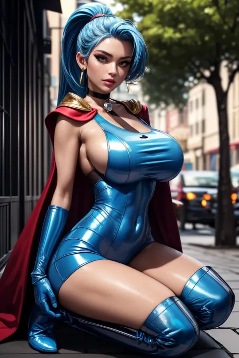 woman, redhead,red long hair, blue eyes, dark blue latex cloth with shoulder pad, golden stripes, cleavage, big breast, latex blue corset, blue latex skirt , golden gloves,walking