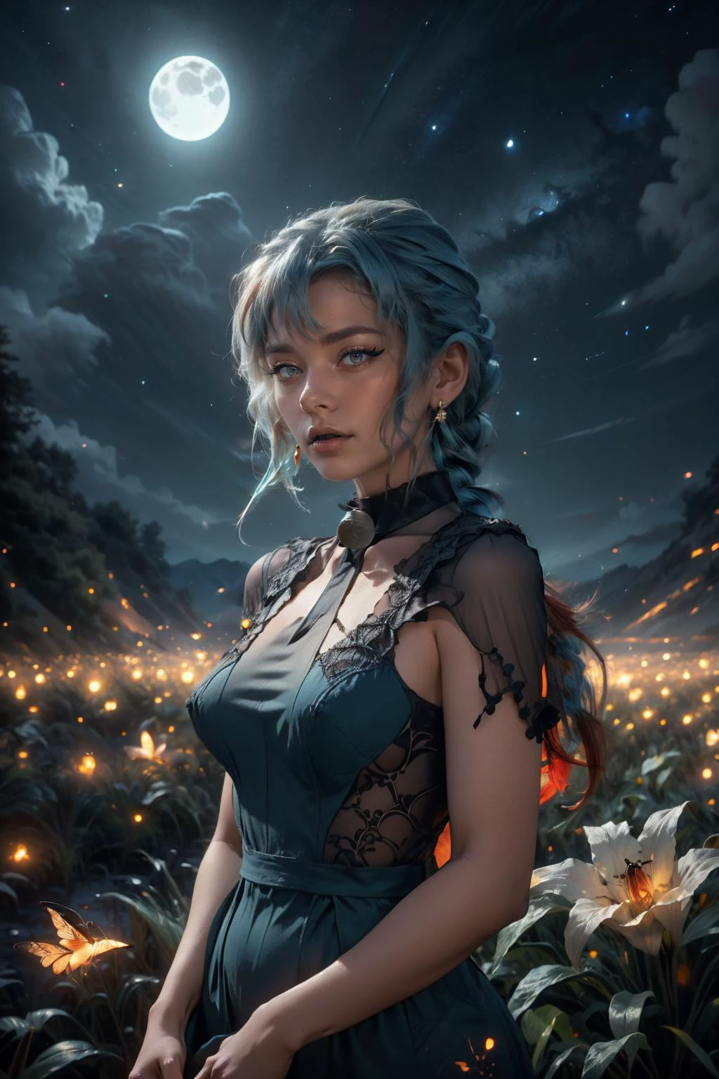 highres, masterpiece, perfect lighting, bloom, cinematic lighting, adult, mature, perfect skin, 1girl, medium breasts, <lora:pkmnclair-nvwls-v1:1> pkmnClair, ponytail, blue hair, earrings, choker, cape, blue bodysuit, blue gloves, bracelet, blue boots, eyebags, gothic eye shadow, eye glitter, eyelashes, eyeliner, OverallDetail, <lora:EnvyFantasyMix05:0.8> <lora:thicc_v2.3:0.7> <lora:spider_lily:0.85> red flower, spider lily, flower, solo, 1girl, scenery, night sky, flower field, star (sky), starry sky, <lora:4960_fireflies:0.95> background, with, the, fireflies, and, night, sky, flying, forest, grass, moon, field <lora:makima-10:0.8> makima, shirt, braid, braided ponytail, collared shirt, white shirt, necktie