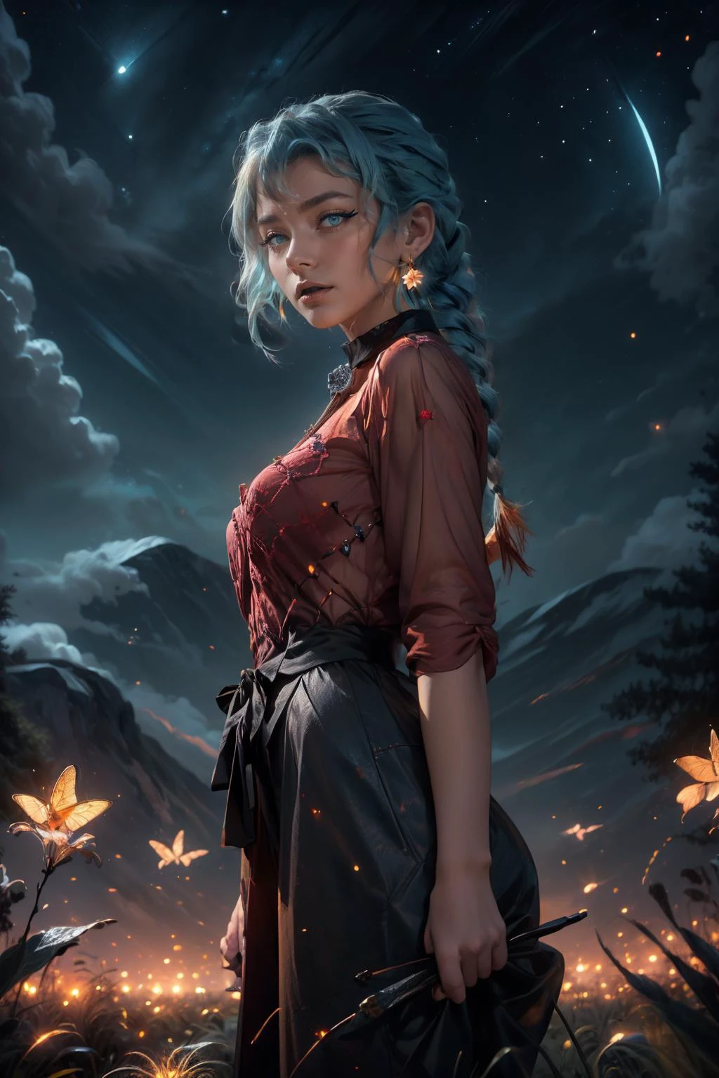 highres, masterpiece, perfect lighting, bloom, cinematic lighting, adult, mature, perfect skin, 1girl, medium breasts, <lora:pkmnclair-nvwls-v1:1> pkmnClair, ponytail, blue hair, earrings, choker, cape, blue bodysuit, blue gloves, bracelet, blue boots, eyebags, gothic eye shadow, eye glitter, eyelashes, eyeliner, OverallDetail, <lora:EnvyFantasyMix05:0.8> <lora:thicc_v2.3:0.7> <lora:spider_lily:0.85> red flower, spider lily, flower, solo, 1girl, scenery, night sky, flower field, star (sky), starry sky, <lora:4960_fireflies:0.95> background, with, the, fireflies, and, night, sky, flying, forest, grass, moon, field <lora:makima-10:0.8> makima, shirt, braid, braided ponytail, collared shirt, white shirt, necktie