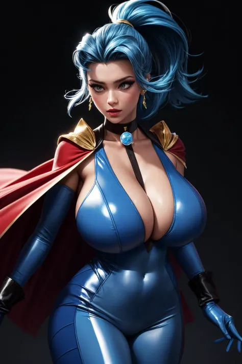 (best quality,4k,8k,highres,masterpiece:1.2),ultra-detailed,(realistic,photorealistic,photo-realistic:1.37),HDR,UHD,studio lighting,ultra-fine painting,sharp focus, (ponytail), physically-based rendering,extreme detail description,professional,vivid colors,bokeh,portraits,soft colors,(blue hair), (claire), pokemon gym leaDER, ((long black cape)), ((full lips)), defined cheekbones, plain background, warm lighting,glowing skin,delicate features,expressive eyes,sensual lips,flawless complexion,subtle makeup,feminine posture,(BLUE BODYSUIT), (GIGANTIC BREASTS), PUFFY LIPS), ethereal atmosphere,dreamy summer vibes,golden hour lighting,flowing dress,gentle breeze,warm sunlight,playful smile,graceful movement,seamless integration between subject and background,subtle texture,filmic aesthetic,romantic mood,elaborate hairstyles,graceful gestures,curve-hugging outfit,vibrant color palette,soft focus,romantic ambiance,lush greenery,stone architecture,beautifully adorned columns,timeless setting.