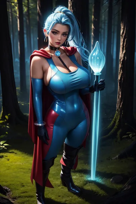 (ultra realistic,32k,RAW photo:1.1),(high detailed skin:1.1), 8k uhd, dslr, high quality, film grain, (makeup, mascara:1.1), lips,(thick\lips\),
(shiny glossy translucent clothing:1.1), <lora:pkmnclair-nvwls-v1:0.8>pkmnClair, ponytail, earrings, choker, red cape, blue bodysuit, blue gloves, bracelet, blue boots, <lora:add_detail:0.82>, huge breast, (upper body:1.1),
Standing with one foot slightly lifted,
(busty:1.1) , (chubby:0.1),(bioluminiscent:1.1),<lora:LowRA:0.4>, dark theme, mystic grove, ancient trees, bewitching mists, home to mythical creatures