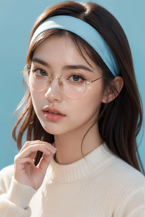 1girl,sweater,blue background, headband, <lora:round_glasses-v17h:0.7> round_eyewear, Best quality, masterpiece, ultra high res, (photorealistic:1.4)