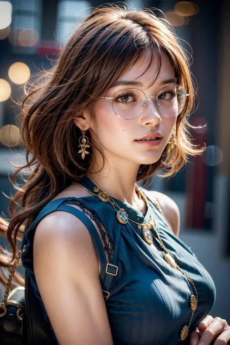 (realistic:1.3), finely detailed, quality, rembrandt lighting, (masterpiece:1.2), (photorealistic:1.2), (best quality), (detailed skin:1.3), (intricate details), dramatic, ray tracing, 1girl, japanese girl, 21 years old, detailed skin texture, (blush:0.5), (goosebumps:0.5), subsurface scattering, smiling, medium breasts, short hair curls, bangs, hair between eyes, circle-glasses, close up portrait, (bright sunny day), <lora:circle-glasses_v1.1:1>