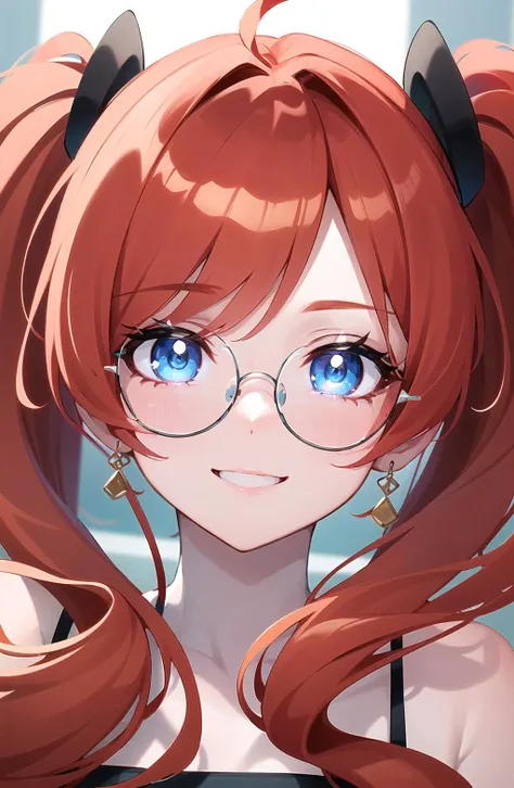 masterpiece, best quality, depth of view, beautiful eyes details, beautiful hair details, best lighting, 1girl, smile, face focus, solo focus, <lora:circleGlasses:0.8>, circle-glasses, twintails, red hair, beautiful curly red hair, red hair, light blue eyes, ((glowing light blue eyes))
