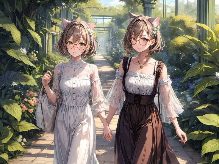 1 KAWAII cat girl.
beautiful skin. oily skin. ultra detailed. clear eyes. best quality. 
light brown hair hair, 
Medium hair, 
green eye, 
a romantic walk through a botanical garden.
 <lora:circle-glasses_v1.1:0.8> circle-glasses <lora:add_detail:1>