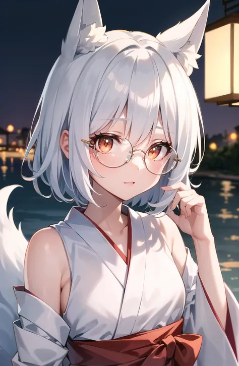 masterpiece, best quality, depth of view, beautiful eyes details, beautiful hair details, best lighting, 1girl,night, dark, mature female, upper body, beautiful background details, outdoors, cherry bloom, solo focus, cold look, yukata, <lora:circleGlasses:0.6>, circle-glasses, beautiful messy bob strawberry white hair, white hair, orange eyes, ((glowing orange eyes)), fox ears, by the river, detached sleeves, white yukata