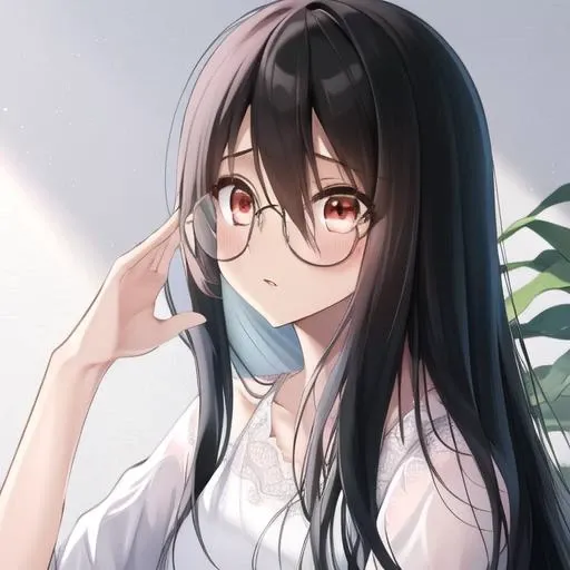 ((masterpiece)),(best quality), sadako_yamamura, white dress, red eyes, black hair,<lora:Sadakobest:0.9>, <lora:thinRoundGlasses_v11:0.8>,circle-glasses, portrait, upper body, hands on glasses, thin glasses,