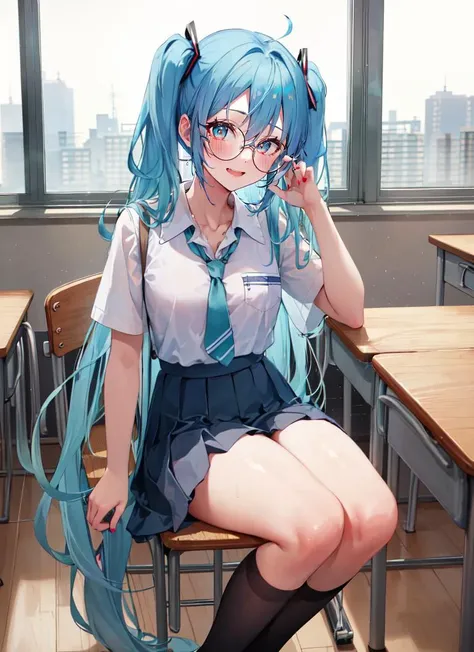 (masterpiece,Super Detail,In 8K,Best Original Score,Moody lighting,Photorealistic,Dynamic Shot)1.5,View from the front,alone,(hatsune miku,Light blue twin tails)1.3,Beautiful attention to detail,Looking into the camera,Close one eye,Wink,Mischievous Smile,Smooth, lustrous skin,Tear,(Sit on a desk,Spread your legs,From one finger to mouth,Use your other hand to unbutton your blouse)1.5,Blouse with exposed chest,Grey and black checked mini skirt,Cute bangles,Dazzling Sunset,Backlight,In the classroom,Particles of light