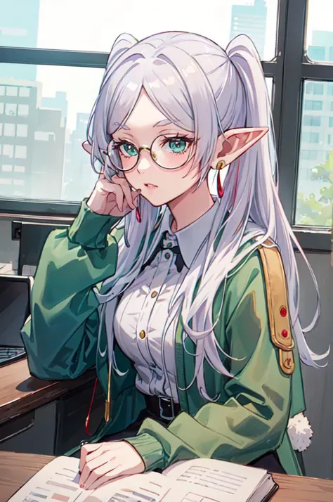 elf girl, elf ears A striking and ultra-detailed phone photo of an alluring young woman with vibrant green hair and glasses, passionately testifying in court against an evil antagonist. Her full sleeve tattoos are a captivating sight, contrasting with her professional attire. The sunny summer day casts a warm glow on the scene, highlighting the bustling courtroom filled with attentive onlookers. The background captures the essence of artificialecchi style, with an air of playful sophistication and a touch of drama.