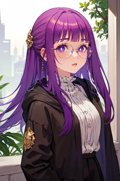 <lora:circle-glasses_v1.1:0.7> circle-glasses,   <lora:Fern:1> FernFrieren, very long hair, purple eyes, (purple pupils),, ultra detailed, masterpiece, best quality, aesthetic, detailed,