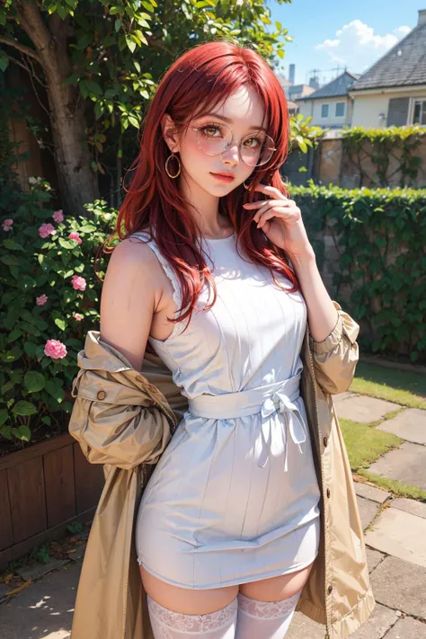 (masterpiece:1.4, best quality), (intricate details), unity 8k wallpaper, ultra detailed, (photorealistic:1.2), beautiful and aesthetic, perfect lighting, detailed background, realistic, perfect detailed face, detailed eyes, highly detailed, blush, close-up, 1girl standing in a garden, yellow eyes, posing, (cute outfit:1.3), (closed mouth, smirk), (long hair), (red hair), shy, <lora:add_detail:0.7>, <lora:circle-glasses_v1.1:1>, circle-glasses, thigh highs, (hands behind her back:1.4)