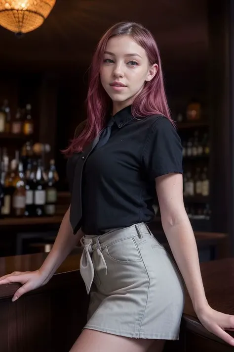 8k, RAW photo, best quality, ultra high resolution, photorealistic, realistic photo of skinny redhead girl in the bar, (norvegian redhead girl, white skin, blue eyes, red hair, two ponytails hair, double ponytail hair), in the bar, (full body portrait), wearing black shirt, (black shirt), wearing leather miniskirt, (leather miniskirt), looking at viewer, smirking, cute smile, (extremely detailed CG unity 8k wallpaper), Sharp focus, dramatic, (bright light)