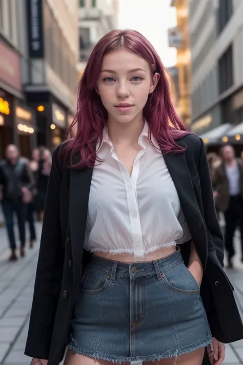 Anime Scene of a Female, with short chin-length wavy brown hair with pink-purple tips, hazel eyes, she is wearing silver earings, she is wearing a black chocker, has fair skin, she is wearing a jeans jacket, she is wearing a band shirt, she is wearing a black high-waist skirt, she is wearing red converse shoes