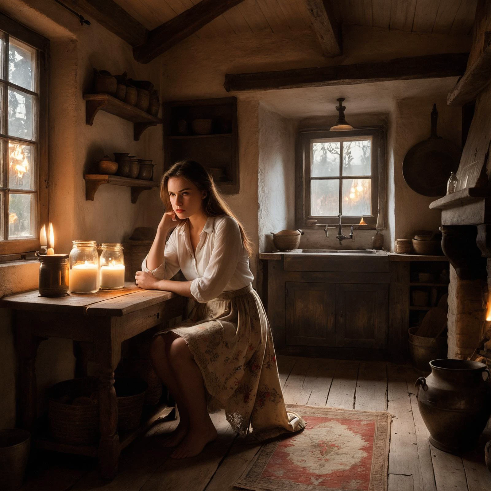 RAW photo, fashion photography, pictorialist style, sharp focus, best quality, masterpiece, ultra high res, photorealistic, 8K raw photo, professional photography, award winning photo <lora:polyhedron_god rays-000008:0.6>
<lora:polyhedron_all_sdxl-000006:0.1> a close up portrait of a 20 yo beautiful sorrowful girl in a dim lit room, angry or sad looking, rim light, chiaroscuro style, she is wearing a white shirt and a scarlett or crimson red skirt, open mouth, visible teeth, teary, tear, sorrow, crying, upper body, cute face, eye level, focus on eyes, dappled light on face, pale skin, no make-up, detailed face and eyes, natural skin texture, highly detailed skin, textured skin, skin pores, oiled shiny skin, skin blemish, imperfect skin, intricate skin details, visible skin detail, detailed skin texture, subsurface scattering, blush, few freckles, few moles, goosebumps, minor skin imperfections, skin pores, wrinkles, vitiligo spots, whiteheads, blackhead, white pimples, red pimples, beauty spot, skin fuzz, remarkable detailed pupils, detailed iris, very thin eyebrows <lora:polyhedron_tears-000005:0.1>
<lora:polyhedron_chiaroscuro-000007:0.5> interior view of a cluttered herbalist cottage, waxy candles, wood furnishings, herbs hanging, light bloom, dust, ambient occlusion, ((rays of light coming through windows)), bright morning, golden hour, god rays, rays of the morning sun shining through the window of the village house, very beautiful, clear sky, warm shiny colors, god rays, sunbeam, vintage farmhouse kitchen, weathered wood, stone floor, oak cabinets, iron hardware, cast-iron stove, copper pots, farm table, mismatched chairs, mason jars, floral curtains, ceramic crocks, enamelware, worn patina, rustic beams, handmade details, worn-in surfaces, antique utensils, apron sink, worn linens, wooden spoons, handwritten recipes, crackling fireplace, aged textures, faded colors, sunlit corners, creaking floorboards, crackling firewood, preserved preserves, heirloom dishes, retro fridge, tin signs, lace doilies, lantern lighting, lit candles, aged cookbooks, harvest baskets, bread oven, pastoral scenes, rooster motifs, wooden carvings, vintage scales, hand-painted signs, braided rugs, farmhouse radio, cozy, wooden interiors, natural materials, warm fireplace, rustic furniture, panoramic windows, earthy tones, ambient lighting, mountain views, comfortable seating, knitted blankets, wooden beams, vintage decor, log walls, plush cushions, cabinetry, inviting atmosphere, homely charm, wooden flooring, tranquil retreat, nature-inspired accents