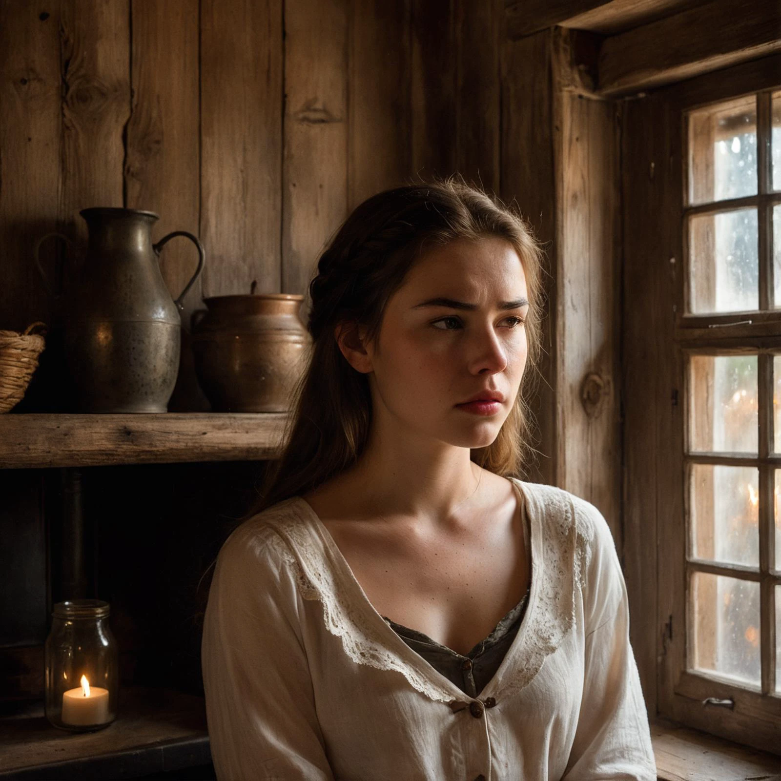 RAW photo, fashion photography, pictorialist style, sharp focus, best quality, masterpiece, ultra high res, photorealistic, 8K raw photo, professional photography, award winning photo <lora:polyhedron_god rays-000008:0.6>
<lora:polyhedron_all_sdxl-000006:0.1> a close up portrait of a 20 yo beautiful sorrowful girl in a dim lit room, angry or sad looking, rim light, chiaroscuro style, she is wearing a white shirt and a scarlett or crimson red skirt, open mouth, visible teeth, teary, tear, sorrow, crying, upper body, cute face, eye level, focus on eyes, dappled light on face, pale skin, no make-up, detailed face and eyes, natural skin texture, highly detailed skin, textured skin, skin pores, oiled shiny skin, skin blemish, imperfect skin, intricate skin details, visible skin detail, detailed skin texture, subsurface scattering, blush, few freckles, few moles, goosebumps, minor skin imperfections, skin pores, wrinkles, vitiligo spots, whiteheads, blackhead, white pimples, red pimples, beauty spot, skin fuzz, remarkable detailed pupils, detailed iris, very thin eyebrows <lora:polyhedron_tears-000005:0.1>
<lora:polyhedron_chiaroscuro-000007:0.5> interior view of a cluttered herbalist cottage, waxy candles, wood furnishings, herbs hanging, light bloom, dust, ambient occlusion, ((rays of light coming through windows)), bright morning, golden hour, god rays, rays of the morning sun shining through the window of the village house, very beautiful, clear sky, warm shiny colors, god rays, sunbeam, vintage farmhouse kitchen, weathered wood, stone floor, oak cabinets, iron hardware, cast-iron stove, copper pots, farm table, mismatched chairs, mason jars, floral curtains, ceramic crocks, enamelware, worn patina, rustic beams, handmade details, worn-in surfaces, antique utensils, apron sink, worn linens, wooden spoons, handwritten recipes, crackling fireplace, aged textures, faded colors, sunlit corners, creaking floorboards, crackling firewood, preserved preserves, heirloom dishes, retro fridge, tin signs, lace doilies, lantern lighting, lit candles, aged cookbooks, harvest baskets, bread oven, pastoral scenes, rooster motifs, wooden carvings, vintage scales, hand-painted signs, braided rugs, farmhouse radio, cozy, wooden interiors, natural materials, warm fireplace, rustic furniture, panoramic windows, earthy tones, ambient lighting, mountain views, comfortable seating, knitted blankets, wooden beams, vintage decor, log walls, plush cushions, cabinetry, inviting atmosphere, homely charm, wooden flooring, tranquil retreat, nature-inspired accents