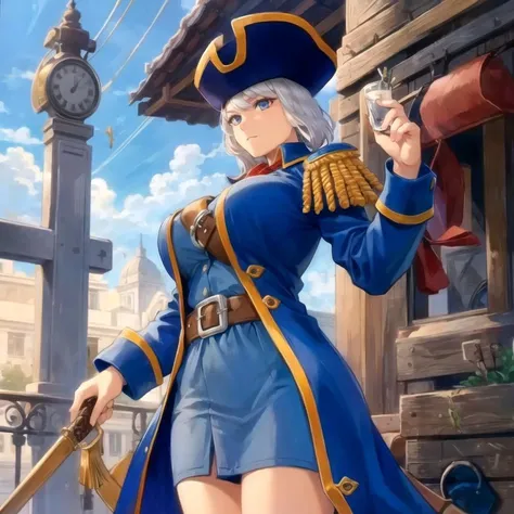 cptsmollet1, wig, 1girl, large breasts, solo, highres, uniform, epaulettes, belt, victorian, white hair, shirt,
<lora:cptsmollet1:0.51>,, (masterpiece, best quality), official art,