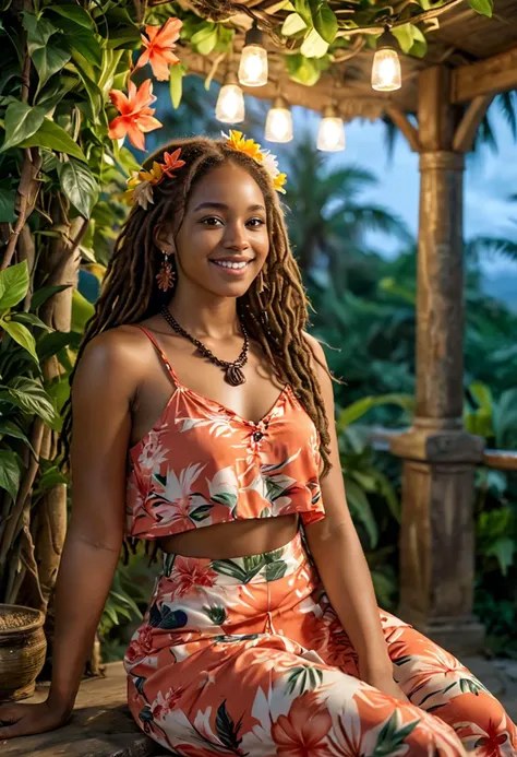 (medium full shot) of (tropical young woman), african, dark skin, brown eyes, Average build, medium brown dreadlocks hair,  wearing a coral hawaiian sleeveless blouse with island patterns, maxi skirt with island motifs, flower lei, espadrilles, puka shell necklace, eyeshadow, wearing a , set in hawai, in  Tropical Garden Gazebo, intimate gazebo with seating, covered in flowering vines, overlooking a scenic view, gentle breeze, at night, woman smiling, ,Masterpiece,best quality, photo, realistic, very aesthetic, detailed face,