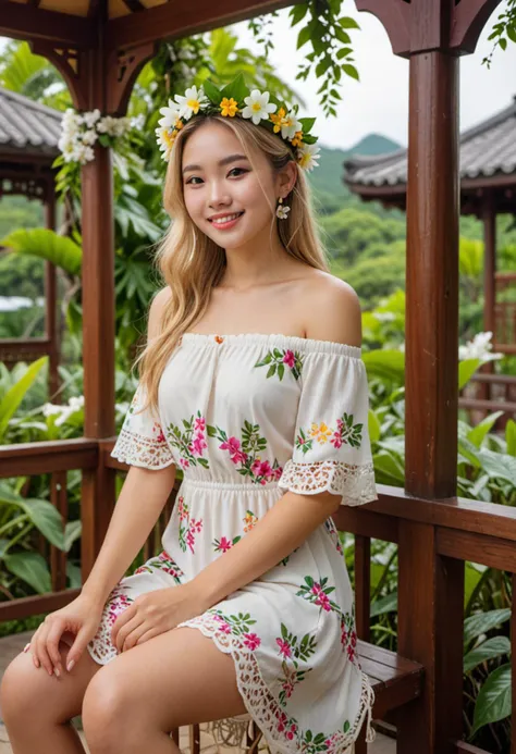 masterpiece, reality, 4k, (medium full shot) of (vibrant young woman), chinese, light skin, light brown eyes, Average build, medium blonde side-swept hair,  wearing a white hawaiian off-shoulder sundress, flower lei, straw sandals, shell earrings, eyeshadow, wearing a flower crown, set in hawai, in  Tropical Garden Gazebo, intimate gazebo with seating, covered in flowering vines, overlooking a scenic view, gentle breeze, at night, woman smiling