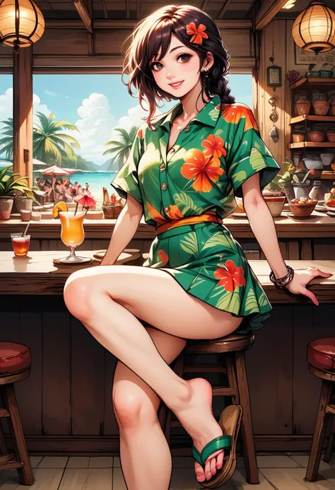 score_9, score_8_up, score_7_up, score_6_up, (enchanting young woman), korean, fair skin, brown eyes, tiny build, short dark single braid hair, wearing a green hawaiian aloha shirt, midi skirt with island motifs, flower lei, flip flops, shell bracelet, lipgloss, hibiscus hair clip, set in hawai, in Resort Restaurant, open-air dining area with ocean views, tables set with fine linens, tropical-themed decor, guests enjoying gourmet meals, woman smiling, masterpiece,best quality, detailed