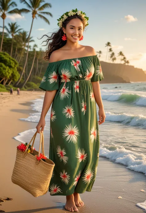 (medium full shot) of (exotic hawaiian young woman), native american, tan skin, brown eyes, full-figured build, long dark double buns hair, wearing a green muumuu dress with floral patterns, flower lei, barefoot, coral earrings, lipgloss, carrying a beach tote bag, set in hawai, in Beach Shoreline, sandy beach with gentle waves, scattered seashells, palm trees swaying in the breeze, surfers catching waves, people sunbathing on towels, under the stars, woman smiling, Masterpiece,best quality, photo, realistic, very aesthetic, detailed face,