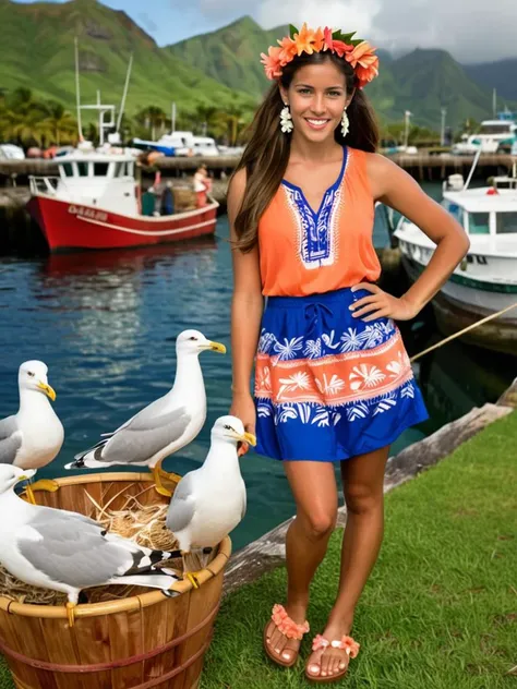 (full body view:1.3),(full body photo:1.3),(fullbody:1.3),(full body:1.3),(fullbody shot:1.3),(enchanting young woman), spanish, tan skin, dark Blue eyes, petite build, medium brown straight down hair, wearing a orange hawaiian sleeveless blouse with island patterns, grass skirt, flower lei, straw sandals, coral earrings, lipgloss, wearing a tropical headband, set in hawai, in Island Harbor, bustling harbor with fishing boats, a small pier, local fishermen unloading their catch, seagulls circling above ,, (highly detailed skin with hairs:1.1),(detailed skin:1.1),(detailed face:1.3),(detailed eyes:1.3),(photo, realistic, photorealistic:1), Masterpiece, best quality, photo, realistic, very aesthetic