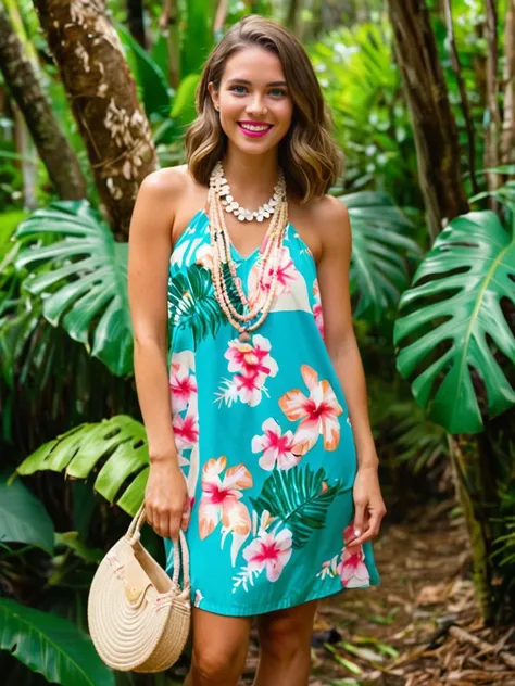(full body view:1.3),(full body photo:1.3),(fullbody:1.3),(full body:1.3),(fullbody shot:1.3),(lively young woman), american, fair skin, turquoise eyes, lithe build, long brown inverted bob hair, wearing a beige hawaiian evening dress with island-inspired designs, flower lei, beach shoes, puka shell necklace, pink lipstick, carrying a beach tote bag, set in hawai, in Island Jungle, dense tropical jungle with tall trees, thick underbrush, exotic wildlife, sunlight filtering through the canopy , at night,, (highly detailed skin with hairs:1.1),(detailed skin:1.1),(detailed face:1.3),(detailed eyes:1.3),(photo, realistic, photorealistic:1), Masterpiece, best quality, photo, realistic, very aesthetic