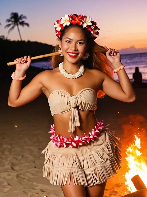 (full body view:1.3),(full body photo:1.3),(fullbody:1.3),(full body:1.3),(fullbody shot:1.3),(exotic young woman), philippine, tan skin, hazel eyes, petite build, long red french twist hair, wearing a beige hawaiian Hawaiian shirt, hula skirt, flower lei, beach shoes, puka shell necklace, pink lipstick, wearing a flower crown, set in hawai, in Luau Fire Dance, performer twirling flaming batons, audience watching in awe, drums beating rhythmically, sparks flying in the night sky, at sunset,, (highly detailed skin with hairs:1.1),(detailed skin:1.1),(detailed face:1.3),(detailed eyes:1.3),(photo, realistic, photorealistic:1), Masterpiece, best quality, photo, realistic, very aesthetic