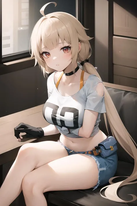 shali1,<lora:shali_1-000016:0.7>,1girl,solo,low twintails,long hair,large breasts,black gloves,white shirt,leaning forward,denim shorts,ahoge,crop top,choker,indoor,crossed legs,sitting,hip pouch,, masterpiece, best quality,