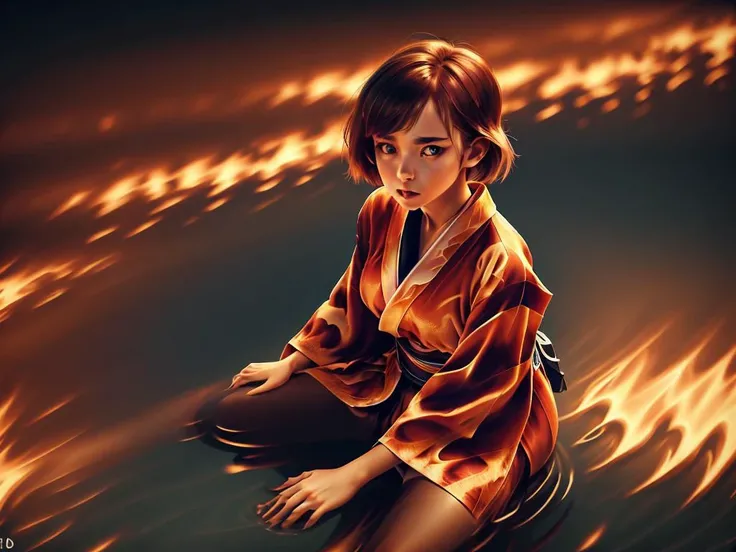 close-up girl, sitting on the beach, lake, moonlight, hyper detailed, intricate , RAW candid cinema, remarkable vivid color, colorful, ultra realistic, shot with cinematic camera, octane render BREAK (DonMF1re vivid fire kimono:1.1) ,  <lyco:DonMF1re:0.65>