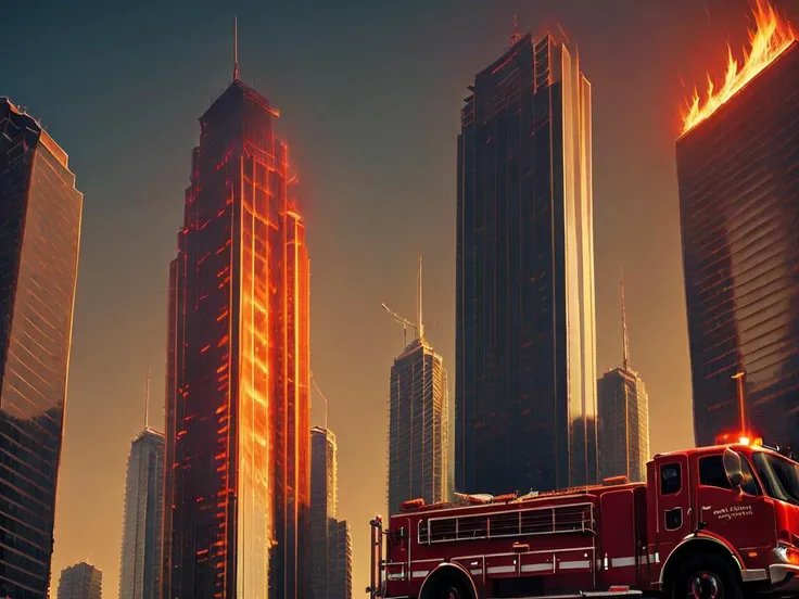 fire truck in front of a skyscraper, vivid fire <lyco:DonMF1re:0.7>