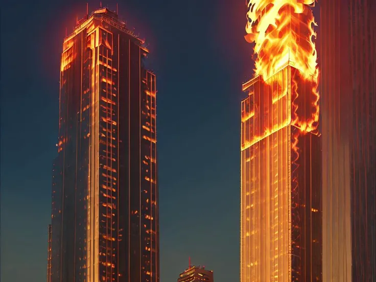 fire truck in front of a skyscraper, vivid fire <lyco:DonMF1re:0.7>