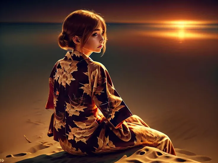 close-up girl, sitting on the beach, lake, moonlight, hyper detailed, intricate , RAW candid cinema, remarkable vivid color, colorful, ultra realistic, shot with cinematic camera, octane render BREAK (DonMF1re fire kimono:1.1) ,  <lyco:DonMF1re:0.65>