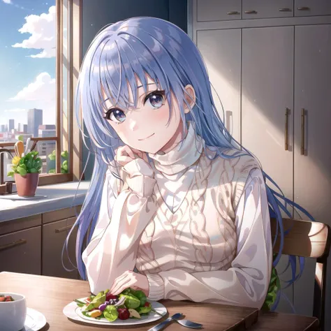 masterpiece, (best qulaity:1.3), 8K, wallpaper, depth of field, beautiful detailed eyes, (1girl, h_suzuki, blue eyes, long hair,, light smile, closed mouth, small breasts, upper body, sitting, (hand on chin), looking at viewer, straight-on, pov, indoors, blue sky, window, cityscape, (kitchen:1.3), long sleeves, both seating, table, (plate, salad:1.3), turtleneck, (white_/(sweater_vest/))), (apron:-1.3) <lora:h_suzuki:1.0>