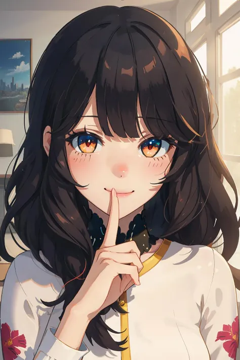 ((((ultra illustrated style:1.0)))),best quality,best animated,masterpiece,ray tracing, global illumination,shushing,1girl,solo, looking at viewer, upper body,smile,bangs,blush, <lora:shushing-000006:0.8>
