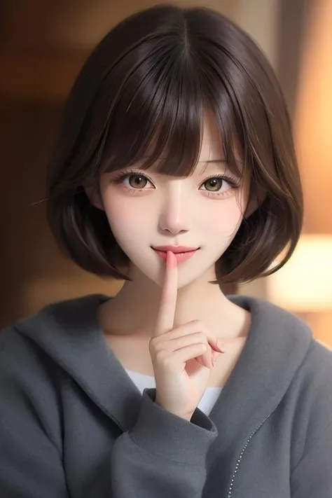 ((((ultra illustrated style:1.0)))),best quality,best animated,masterpiece,ray tracing, global illumination,shushing,1girl,solo, looking at viewer, upper body,smile,bangs,blush, <lora:shushing-000006:0.8>