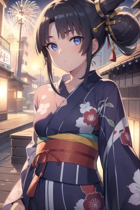 ushiwakamaru, <lyco:ushiwakamaru-lyco-nochekaiser:1>,
ushiwakamaru, black hair, blue eyes, long hair, side ponytail, sidelocks, parted bangs, (small breast:1.2), hair bun, single bun, side bun,
BREAK japanese clothes, (yukata:1.5), obi, sash,
BREAK looking at viewer,
BREAK outdoors, fireworks, night, festival,
BREAK <lyco:GoodHands-beta2:1>, (masterpiece:1.2), best quality, high resolution, unity 8k wallpaper, (illustration:0.8), (beautiful detailed eyes:1.6), extremely detailed face, perfect lighting, extremely detailed CG, (perfect hands, perfect anatomy),