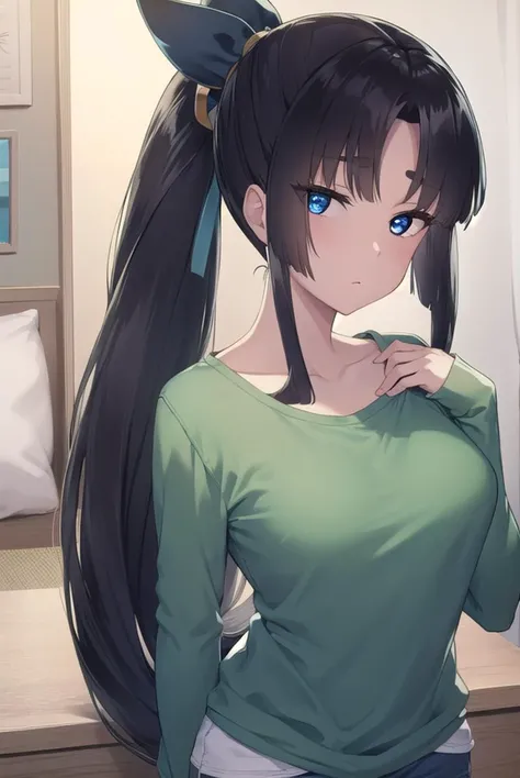 ushiwakamaru, <lyco:ushiwakamarupinta-lyco-nochekaiser:1>,
ushiwakamaru pinta, long hair, bangs, blue eyes, black hair, very long hair, sidelocks, hair bun, side ponytail, parted bangs,
BREAK shirt, collarbone, shorts, green shirt,
BREAK indoors, bed,
BREAK looking at viewer, (cowboy shot:1.5),
BREAK <lyco:GoodHands-beta2:1>, (masterpiece:1.2), best quality, high resolution, unity 8k wallpaper, (illustration:0.8), (beautiful detailed eyes:1.6), extremely detailed face, perfect lighting, extremely detailed CG, (perfect hands, perfect anatomy),