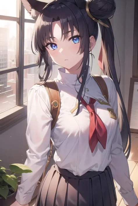 ushiwakamaru, <lyco:ushiwakamaru-lyco-nochekaiser:1>,
ushiwakamaru, black hair, blue eyes, long hair, side ponytail, sidelocks, parted bangs, (small breast:1.2), hair bun, single bun, side bun,
BREAK school uniform, serafuku, skirt, pleated skirt,
BREAK looking at viewer,
BREAK indoors, classroom,
BREAK <lyco:GoodHands-beta2:1>, (masterpiece:1.2), best quality, high resolution, unity 8k wallpaper, (illustration:0.8), (beautiful detailed eyes:1.6), extremely detailed face, perfect lighting, extremely detailed CG, (perfect hands, perfect anatomy),
