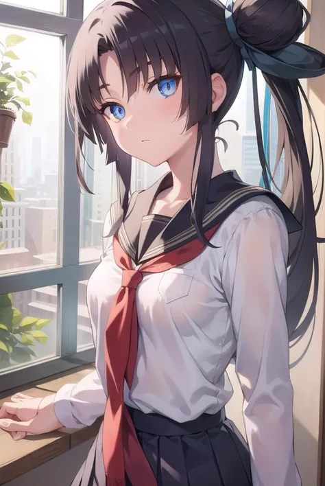 ushiwakamaru, <lyco:ushiwakamaru-lyco-nochekaiser:1>,
ushiwakamaru, black hair, blue eyes, long hair, side ponytail, sidelocks, parted bangs, (small breast:1.2), hair bun, single bun, side bun,
BREAK school uniform, serafuku, skirt, pleated skirt,
BREAK looking at viewer,
BREAK indoors, classroom,
BREAK <lyco:GoodHands-beta2:1>, (masterpiece:1.2), best quality, high resolution, unity 8k wallpaper, (illustration:0.8), (beautiful detailed eyes:1.6), extremely detailed face, perfect lighting, extremely detailed CG, (perfect hands, perfect anatomy),