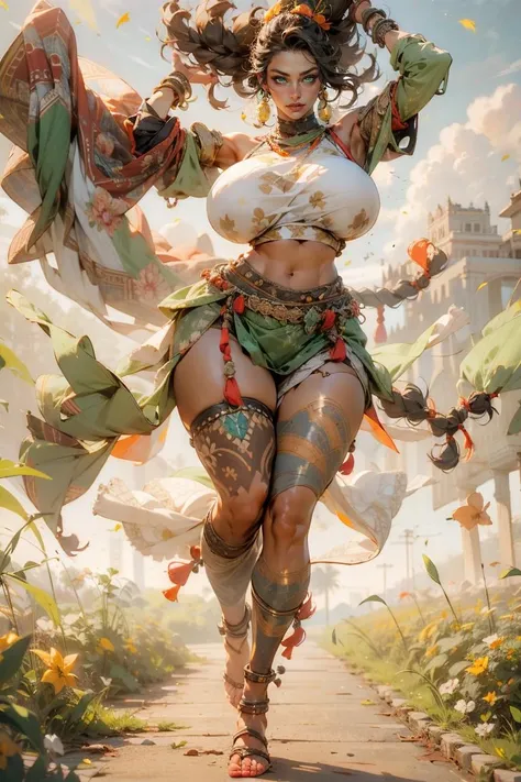 1girl, volumetric light, (bright scene:1.5), perfect wind, fields,  depth of field, bokeh ,hair ornament,  (huge breast:1.5) photography, masterpiece, best quality,HDR, highres,realistic details,40K, HDR, highres,
<lora:sxz-niji-v2:0.4> , <lora:wind-style-monk-darquelilly-v1:1>,windstylemonk, 1girl, jewelry, full body, earrings, brown hair, dark skin, midriff, sash, navel,  bracelet, detached sleeves, sandals, anklet, braid, crop top, hair ornament, wide sleeves, bandages , thick thighs, huge ass